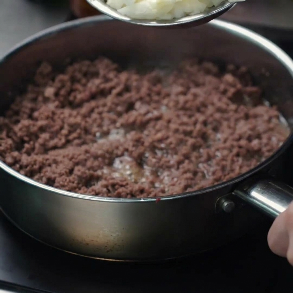 炒めた肉にみじん切りの玉ねぎとにんにくを加えている様子。