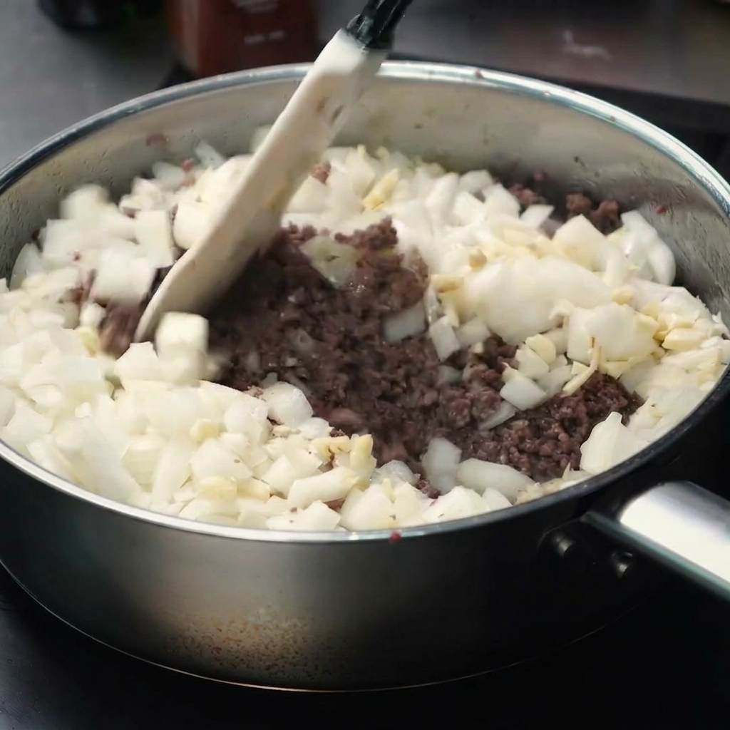 肉と玉ねぎを一緒に炒めている様子。