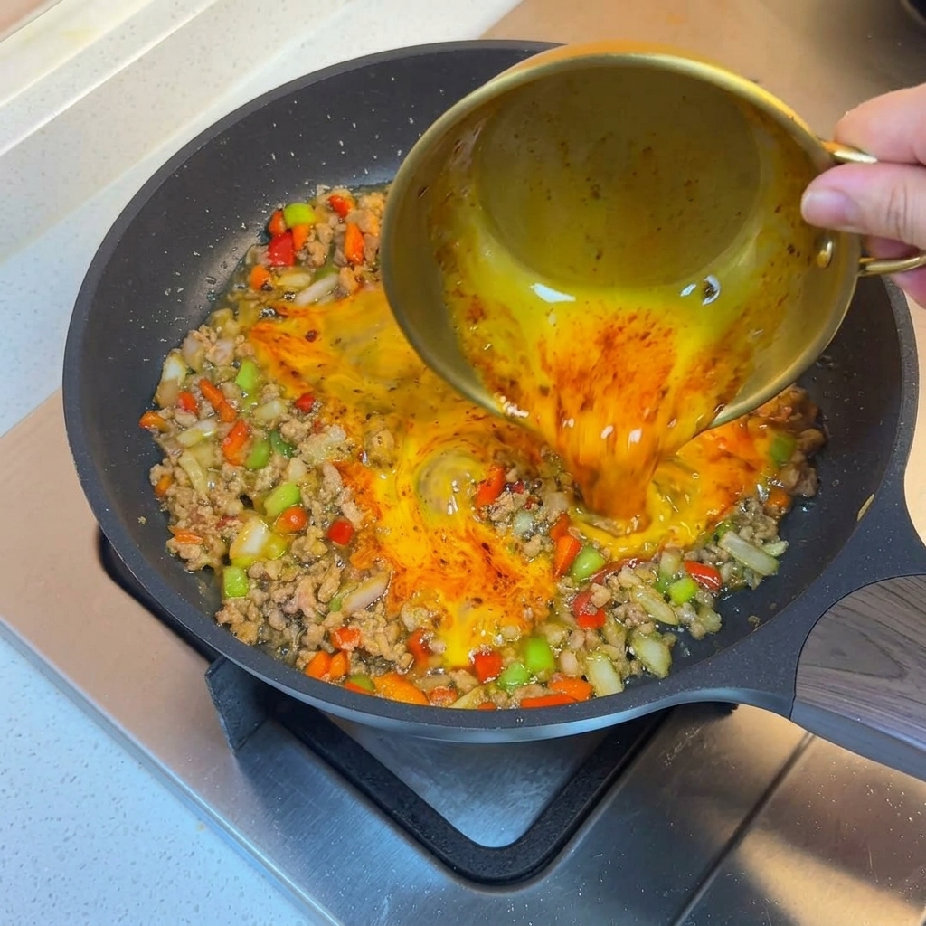 フライパンの中の肉と野菜のミックスに溶き卵を注いでいる様子。