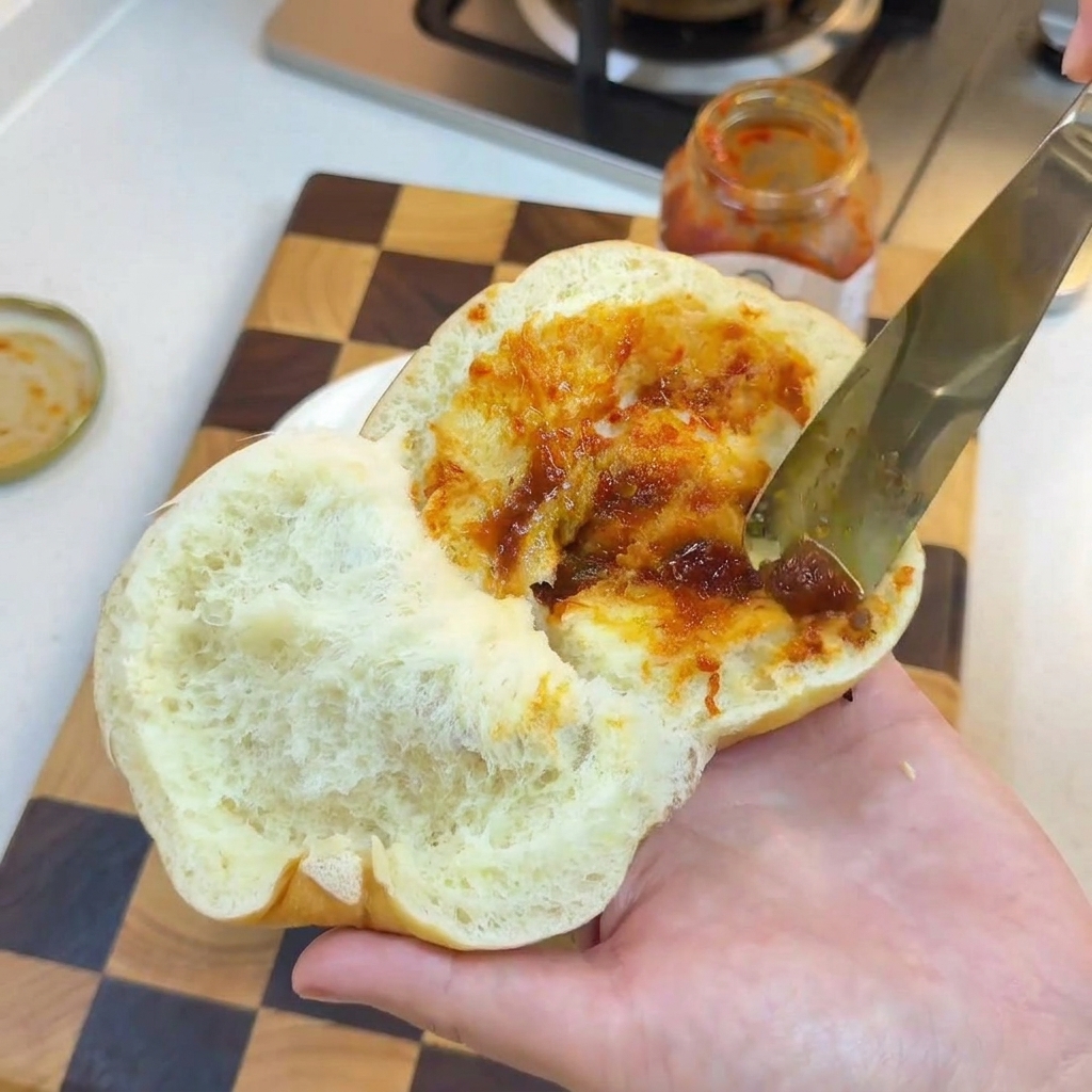 手で持った焼きたてのバンズに、ソースとマヨネーズを塗っている様子。