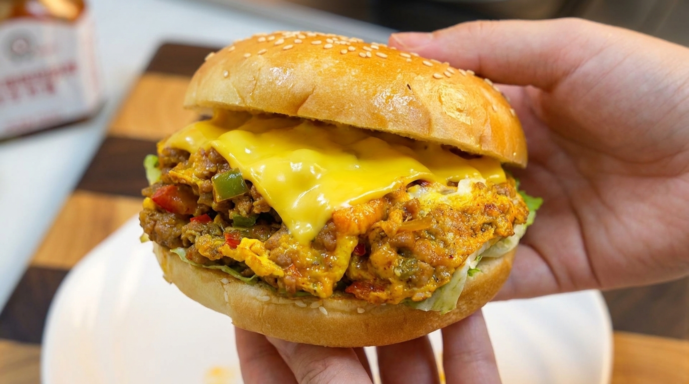 ピーマンと挽肉の卵バーガー