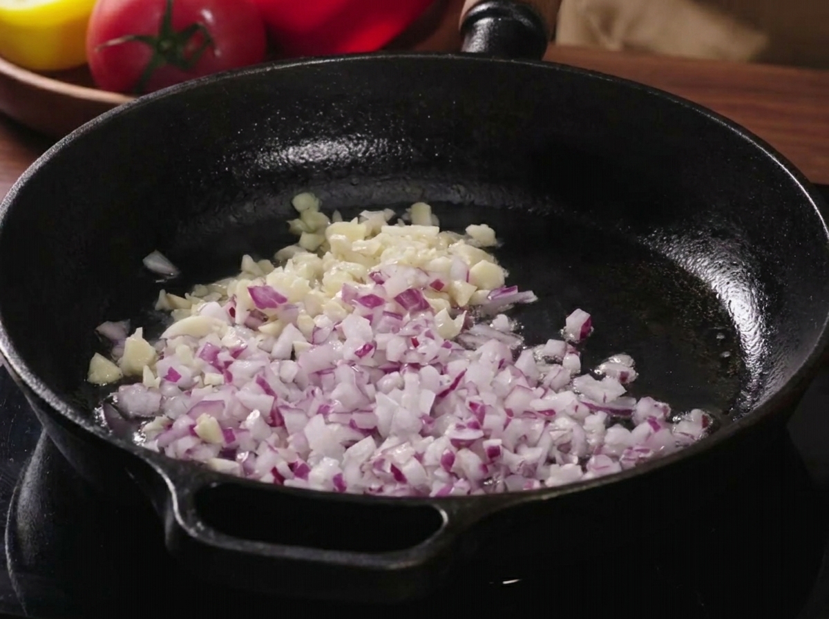 フライパンで豚ひき肉が、炒めた玉ねぎとにんにくと混ざりながら色づいている様子。