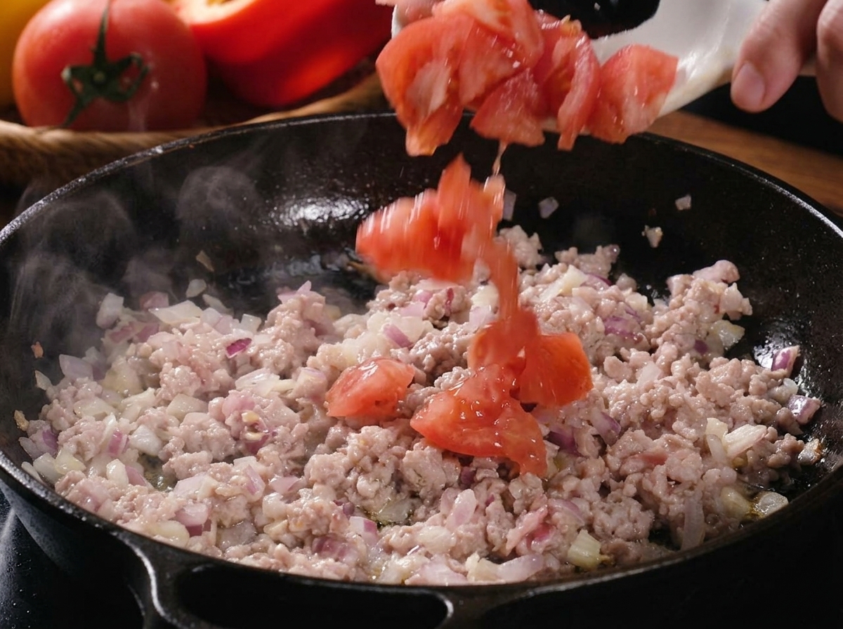 炒めた豚肉が入ったフライパンに、角切りにしたトマトとパプリカを加えている様子。