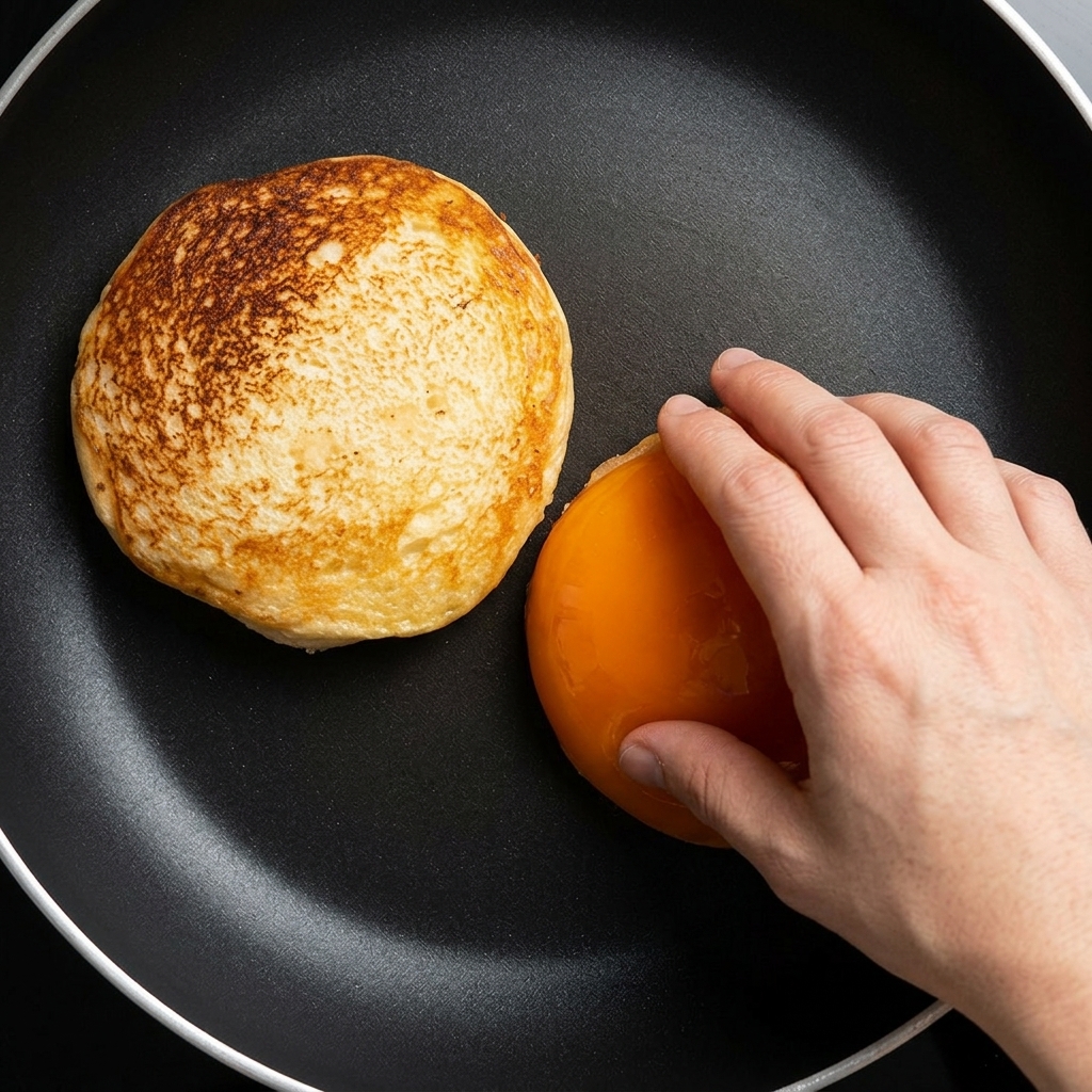 フライパンで焼き色がつくまでトーストされたハンバーガーバンズの断面。