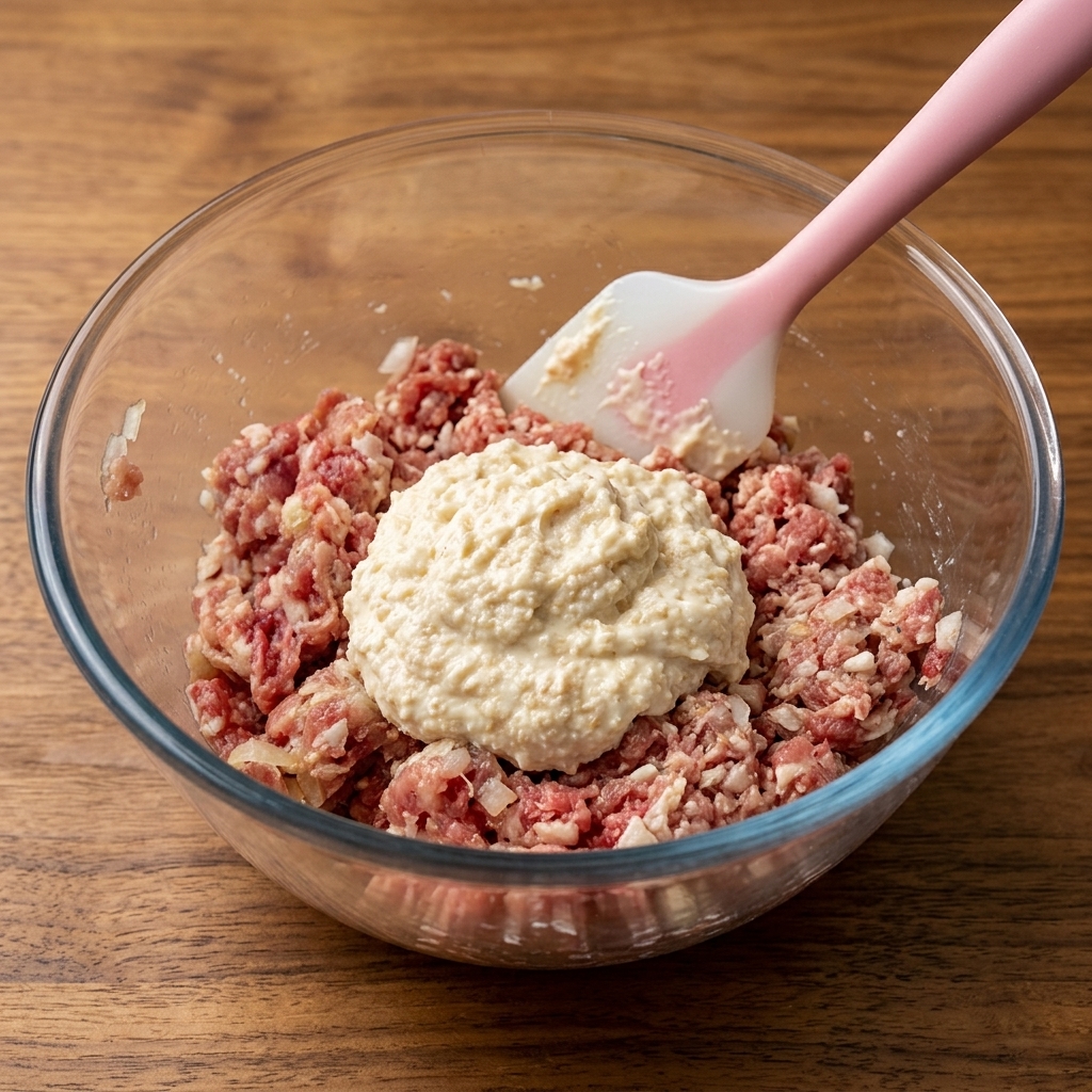 肉の混ぜ合わせの上にマヨネーズとパン粉がのっている様子。