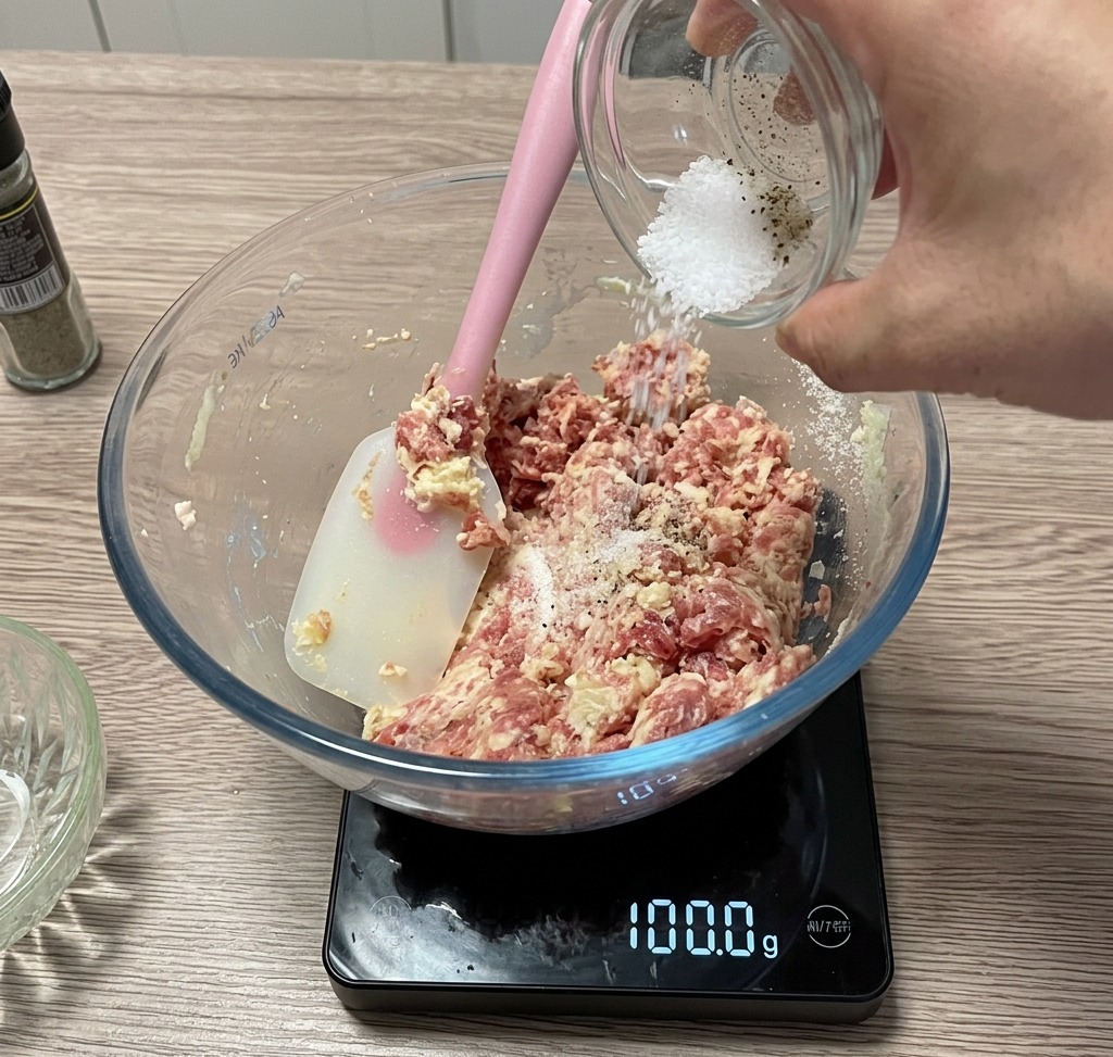 キッチンスケールに乗ったボウルの中で調味料を加えている様子。