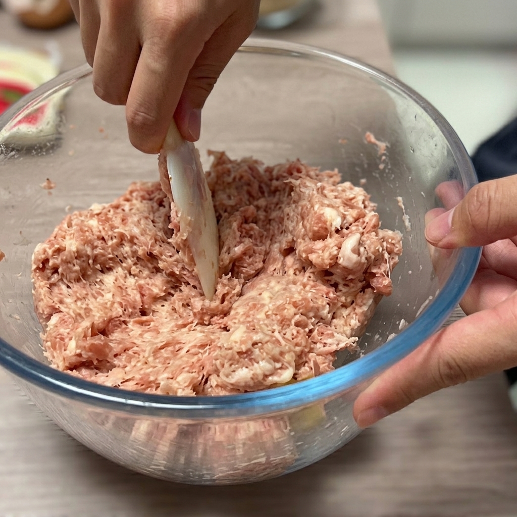 ボウルの中で肉の混合物が等分に分けられている様子。
