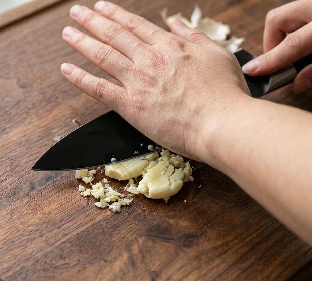 包丁の刃でつぶされた2片のにんにくが木製のボードの上に置かれている様子。