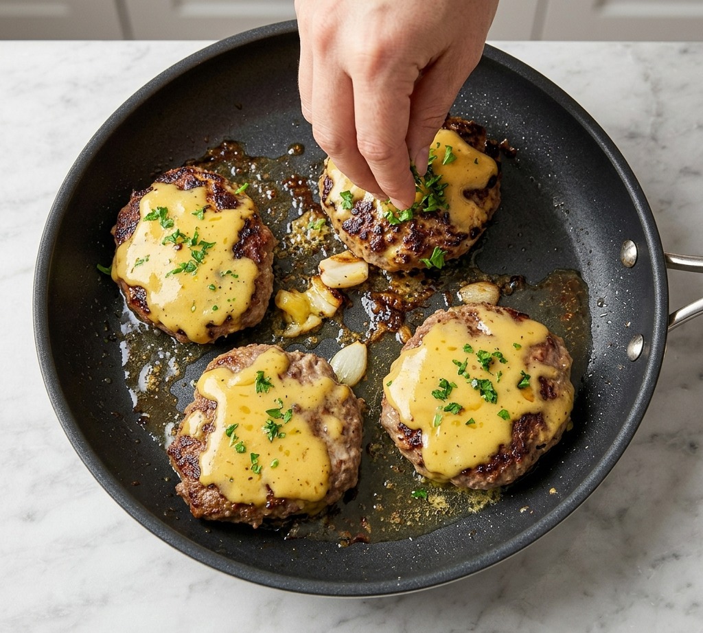 フライパンの中で、刻んだパセリがトッピングされたチーズバーガーパティ。