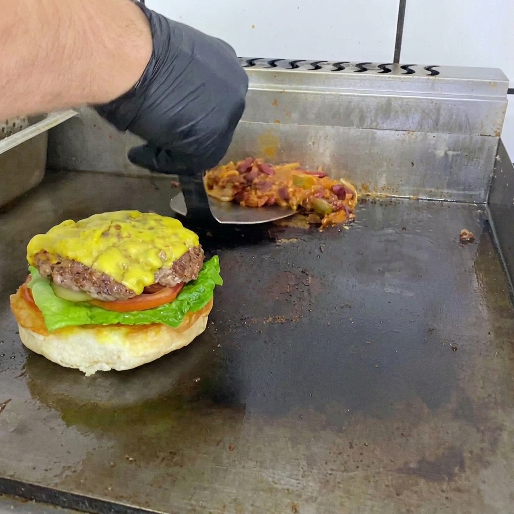 チーズがとろけたパティとチリソースがのった完成したバーガー。