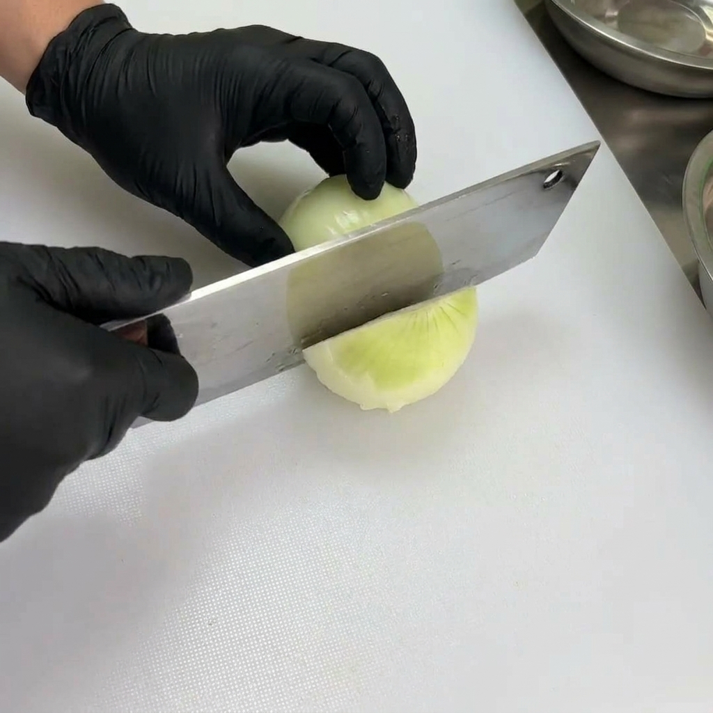 白いまな板の上で、プロ用包丁を使って玉ねぎを均等な大きさに切っている様子。