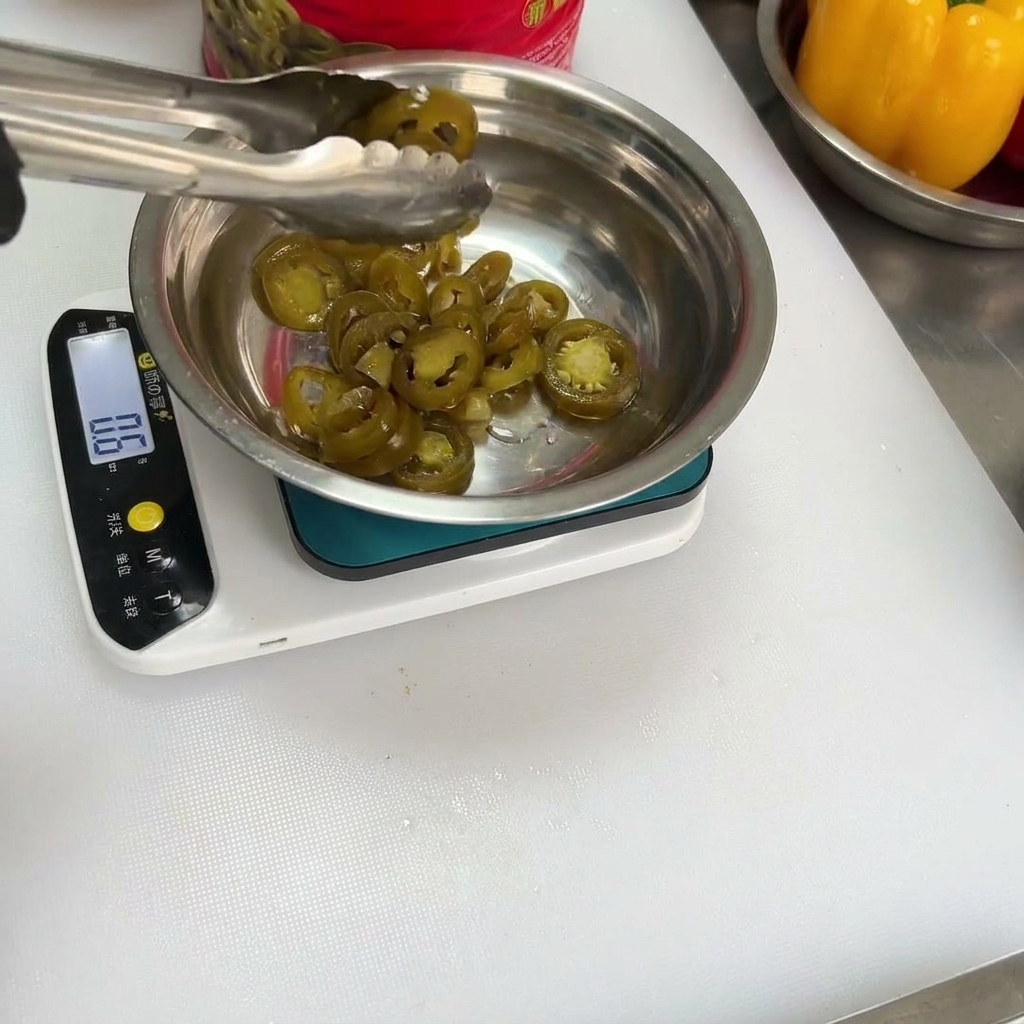 スパイスの入ったボウルに、スライスされたハラペーニョを加えている様子。