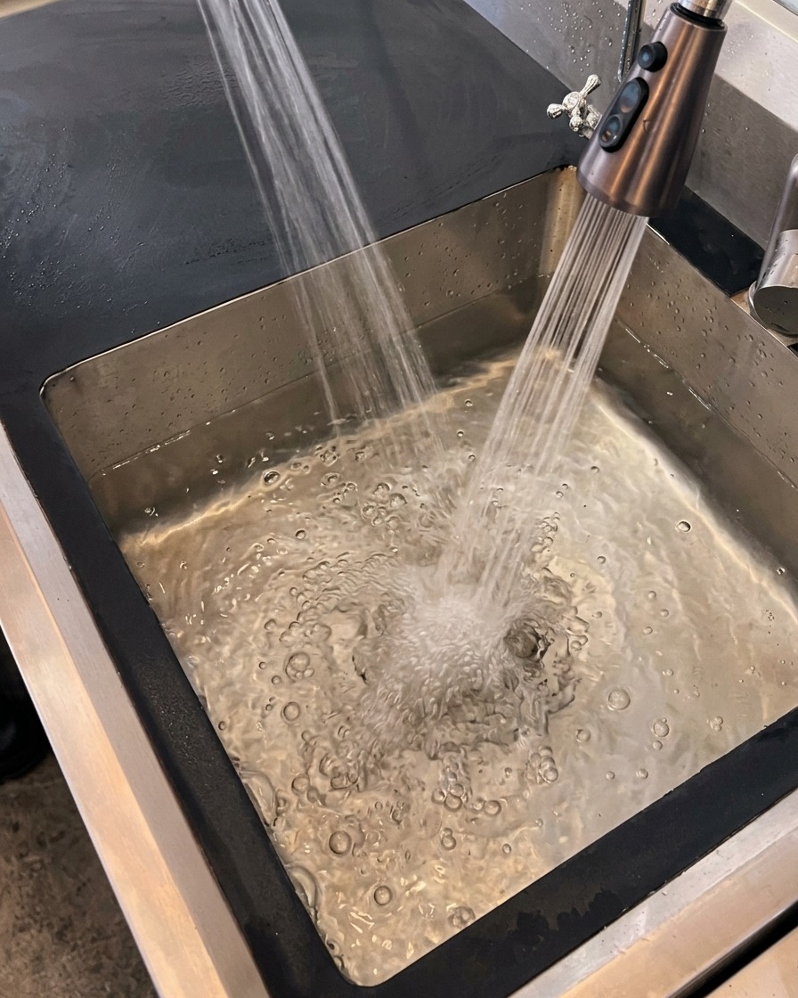 キッチンのシンクで冷水にさらされている新鮮な赤唐辛子。