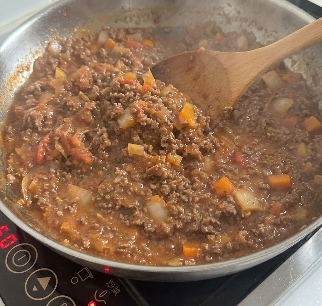 鍋の中でとろみがつき、コトコトと煮込まれているメキシカンミートソース。