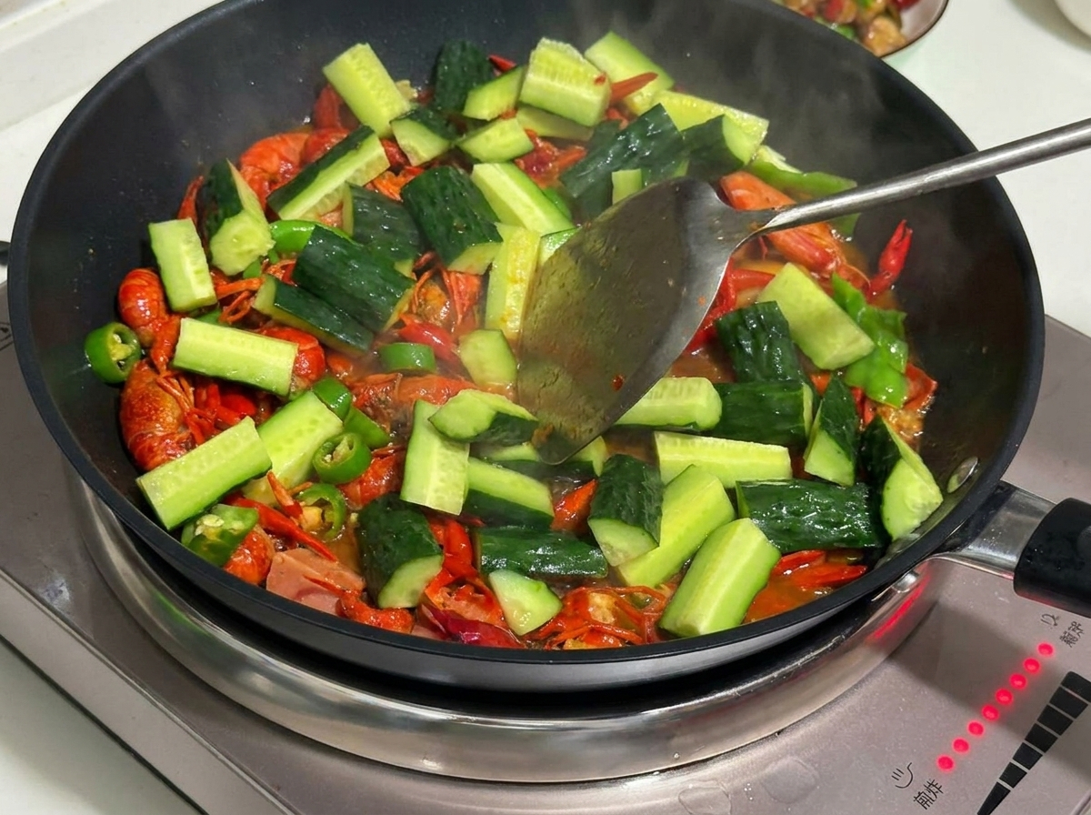 煮込み中のザリガニにスライスした野菜とソーセージが加えられる様子。