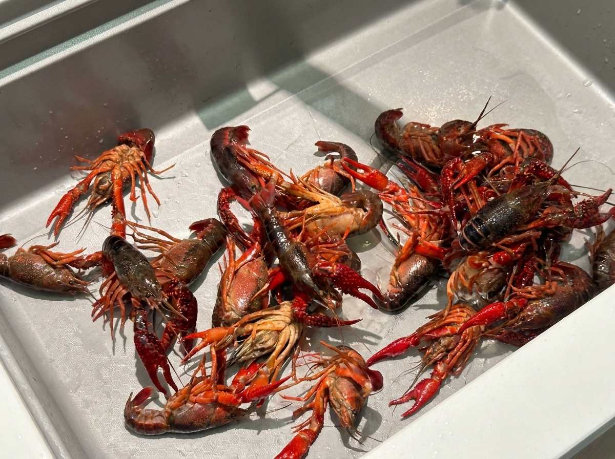 流水の下でザリガニを綺麗に洗う様子