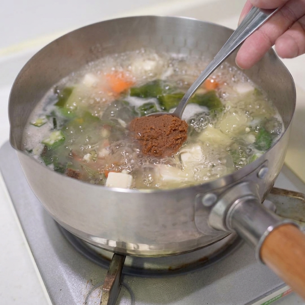 スプーンに乗せた味噌を鍋に入れる様子。