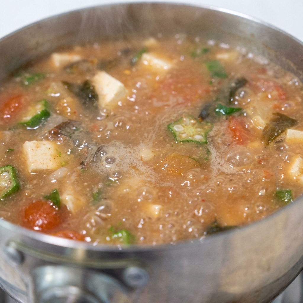 お玉でかき混ぜながら、味噌汁の味噌を完全に溶かしている様子。