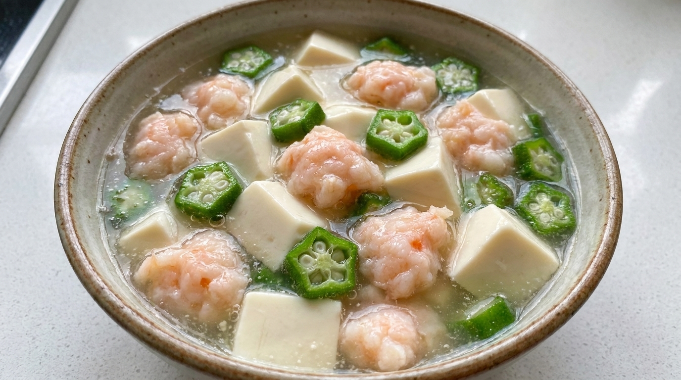 オクラと海老のすり身、豆腐のヘルシー温スープ