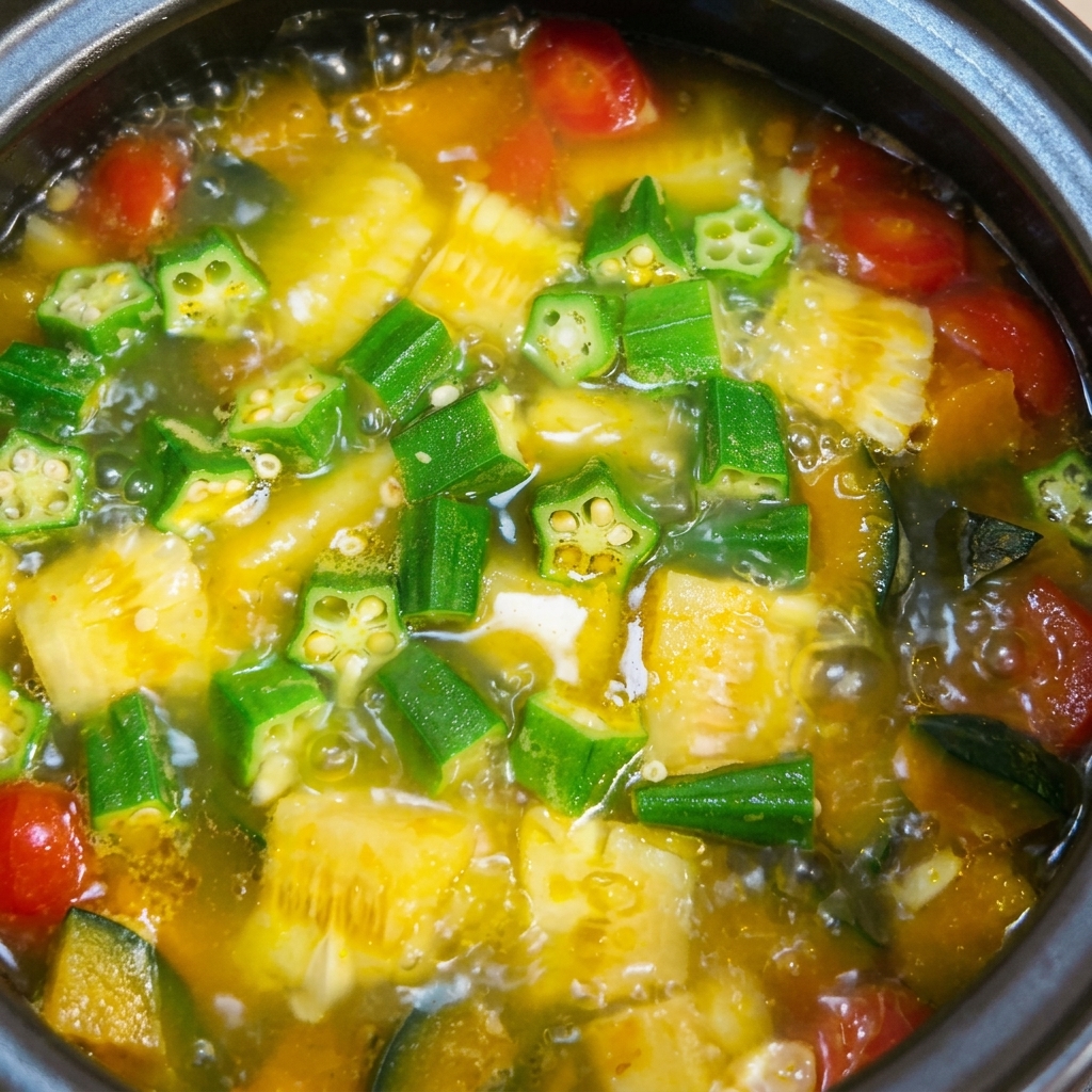 小さな計量スプーンを使って、カラフルな野菜スープに塩を入れている様子。