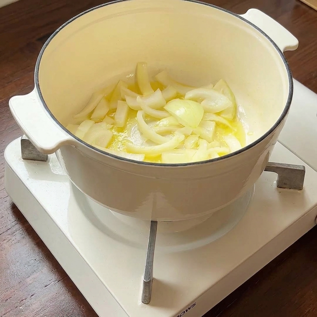 溶けたバターと一緒に鍋で炒められ、柔らかく香り高くなったみじん切りの玉ねぎ。