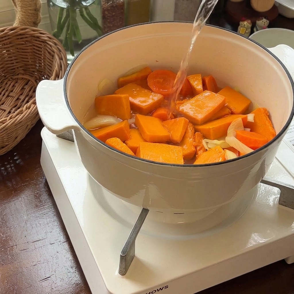 鍋の野菜に熱湯が注がれ、ローリエの葉が加えられている様子。