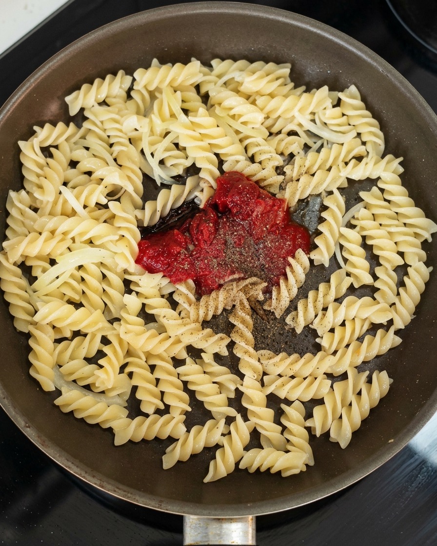 パスタと玉ねぎが入ったフライパンの中心に、トマトペーストと調味料がのせられ、混ぜる直前の状態。