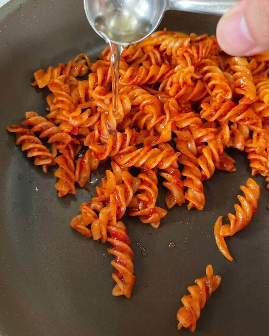 パスタと赤いソースが入ったフライパンに、手で透明な液体を注ぎ入れ、フランベをしている瞬間のクローズアップ。
