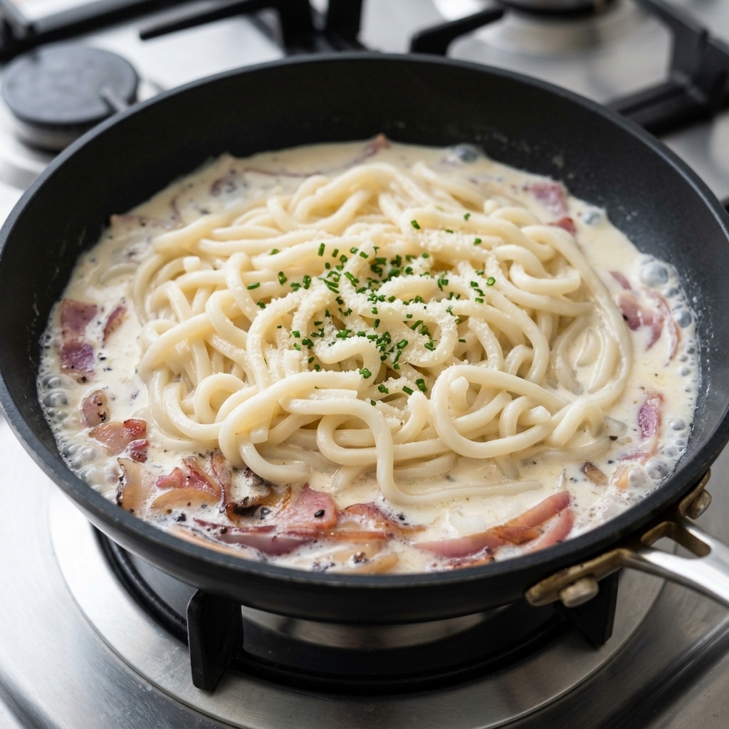 クリーミーなソースにたっぷりのうどんを加え、絡ませているフライパンの中の様子。