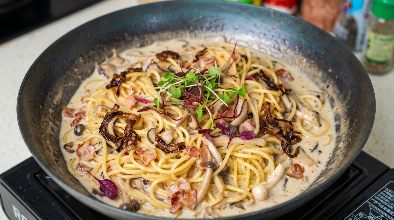 濃厚ベーコンとキノコのクリームパスタ
