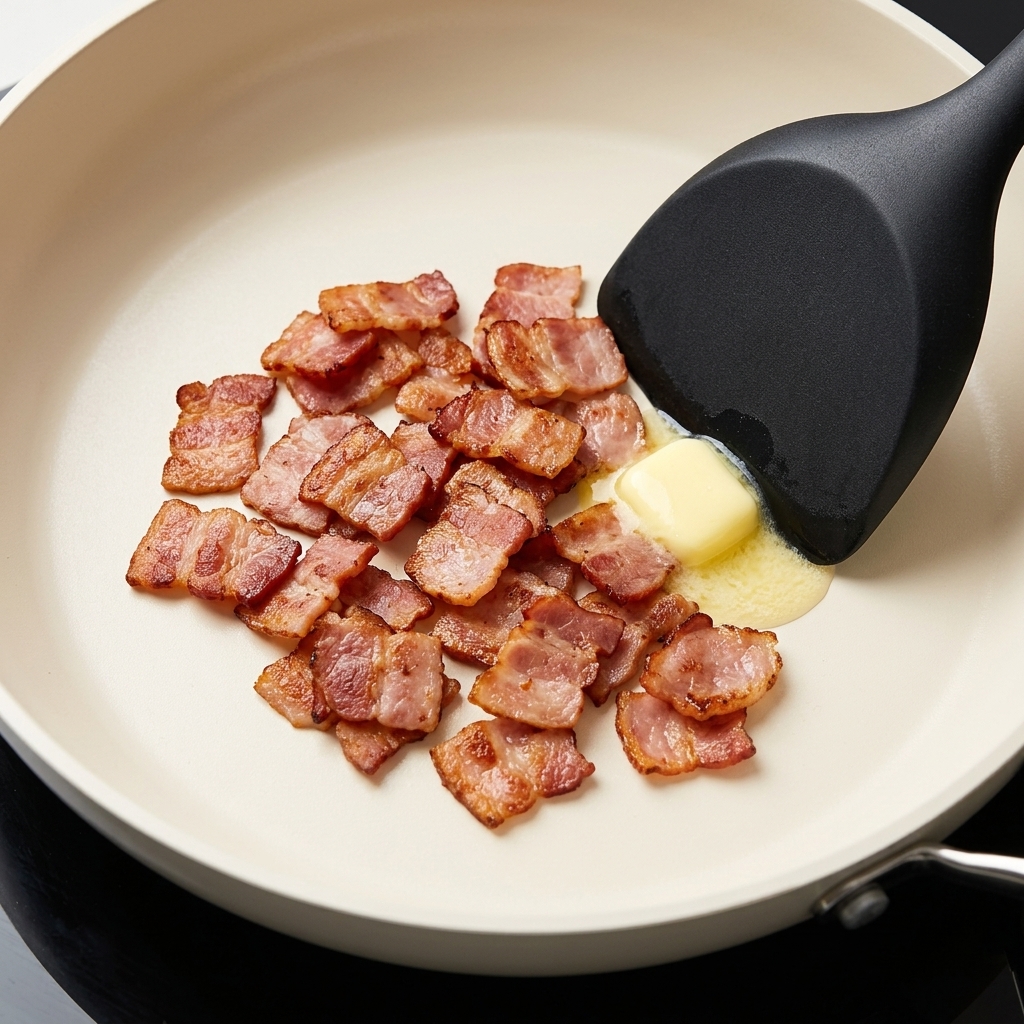 フライパンの中でバターが溶け、炒めたベーコンとみじん切りの玉ねぎを混ぜ合わせている様子。