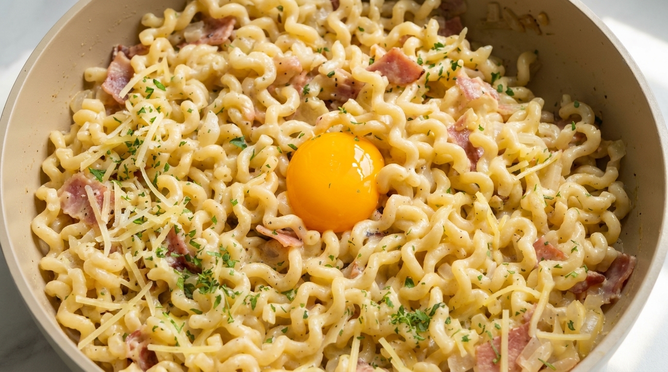 カールパスタで作るクリーミーベーコンカルボナーラ