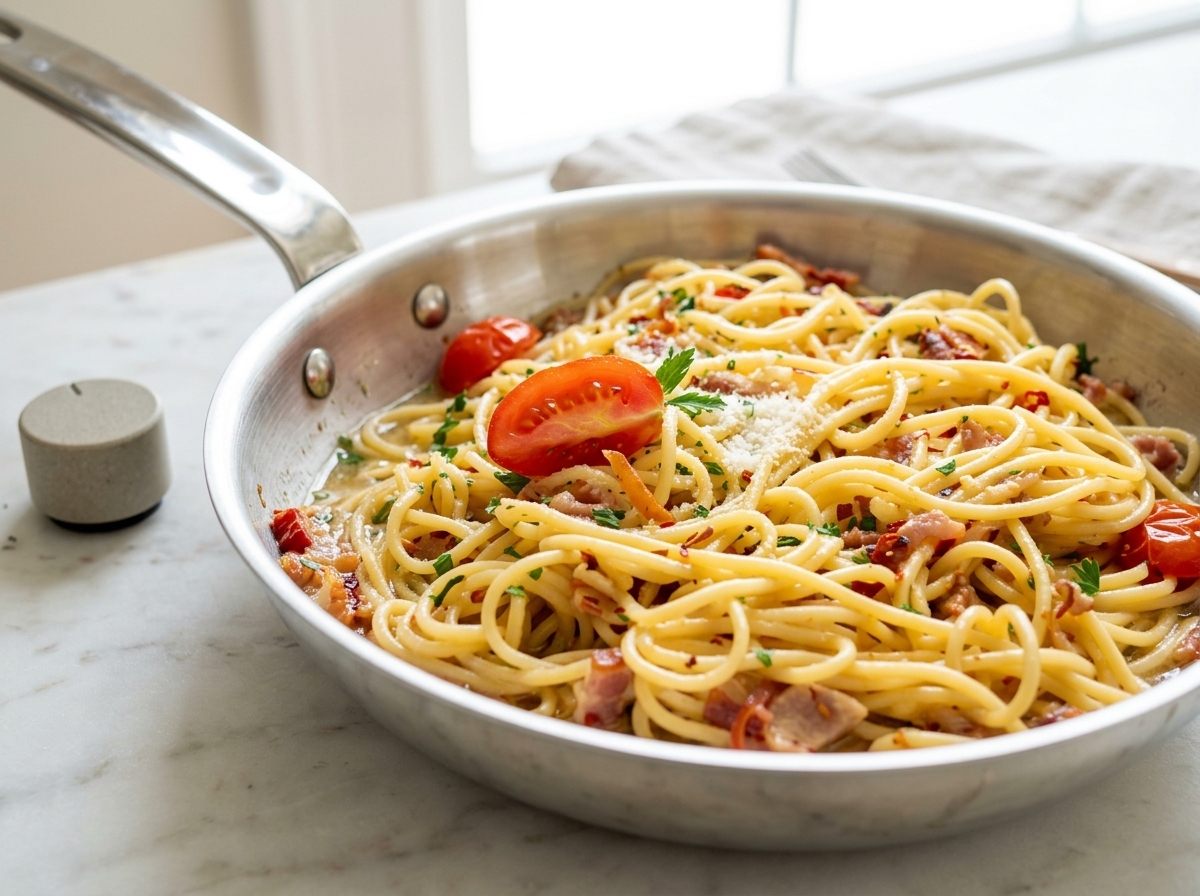 スライスしたトマトを加え、フライパンでパスタと和えている様子。