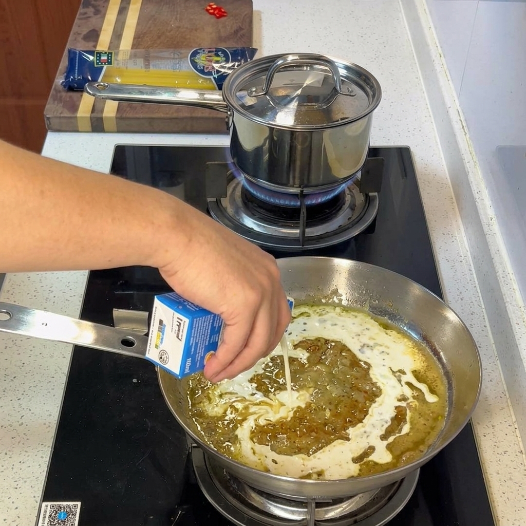 フライパンで生クリームを混ぜ合わせ、ソースを作る様子。