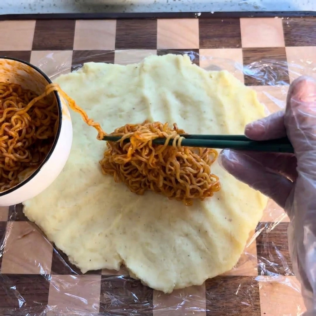 箸を使って中央に辛口ラーメンを乗せている様子。
