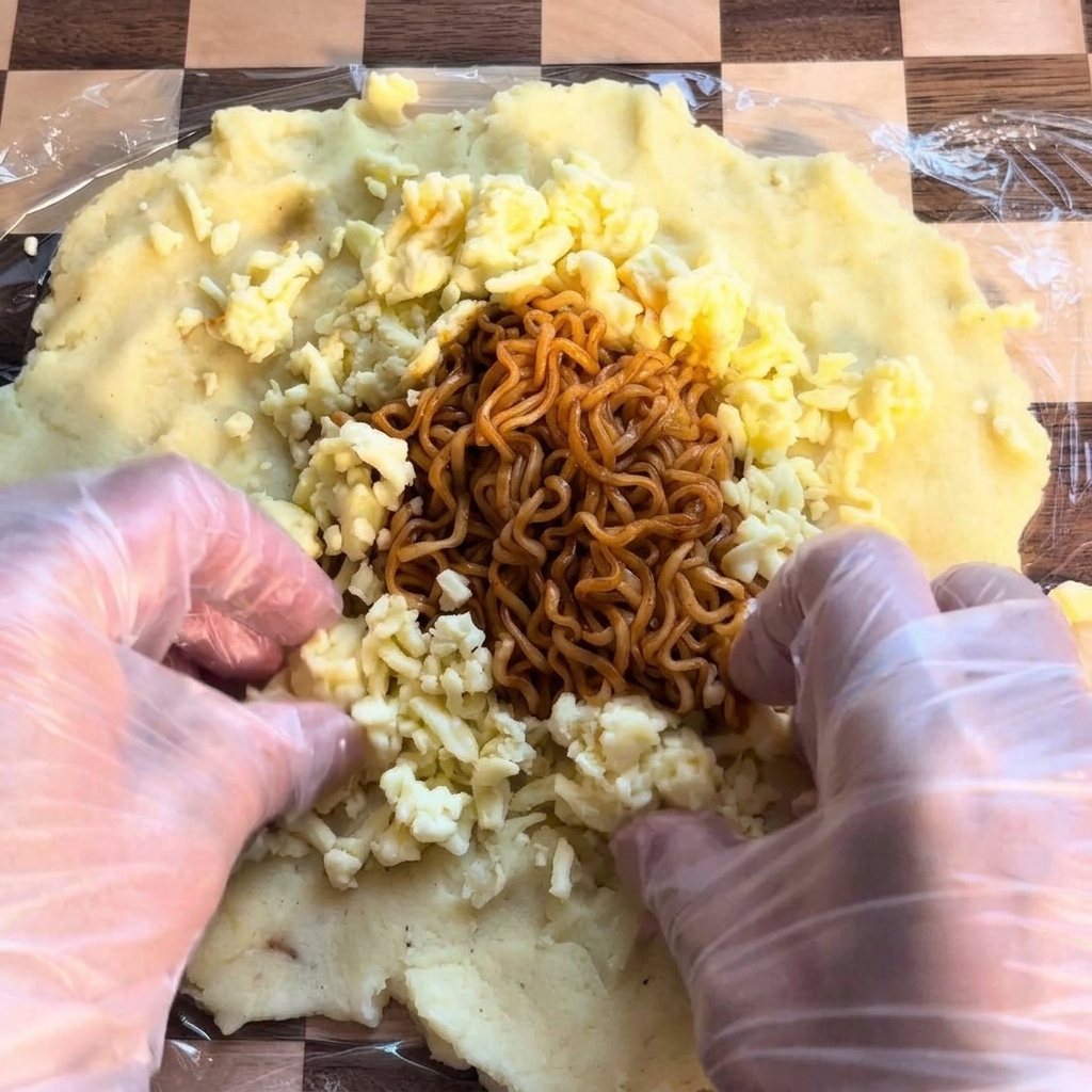 麺の周りにシュレッドチーズをたっぷり乗せている様子。