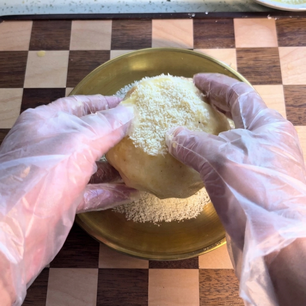 パン粉の入ったボウルでボールを転がし、衣を付けている様子。