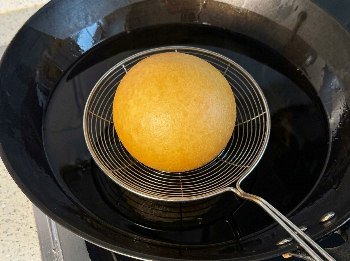 中華鍋でキツネ色に揚げられているポテトボールの様子。