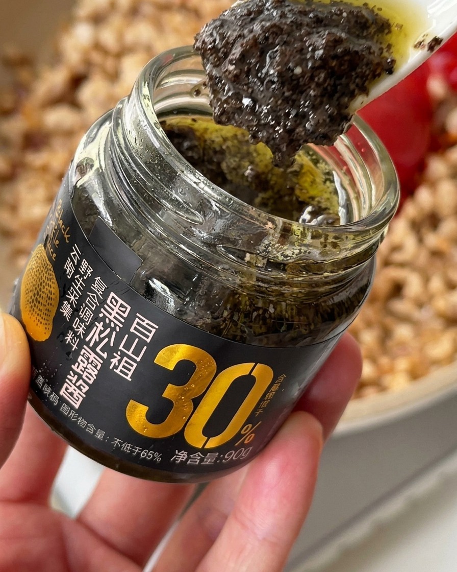 味付けした鶏肉のフライパンに風味豊かな黒トリュフソースを加えている様子