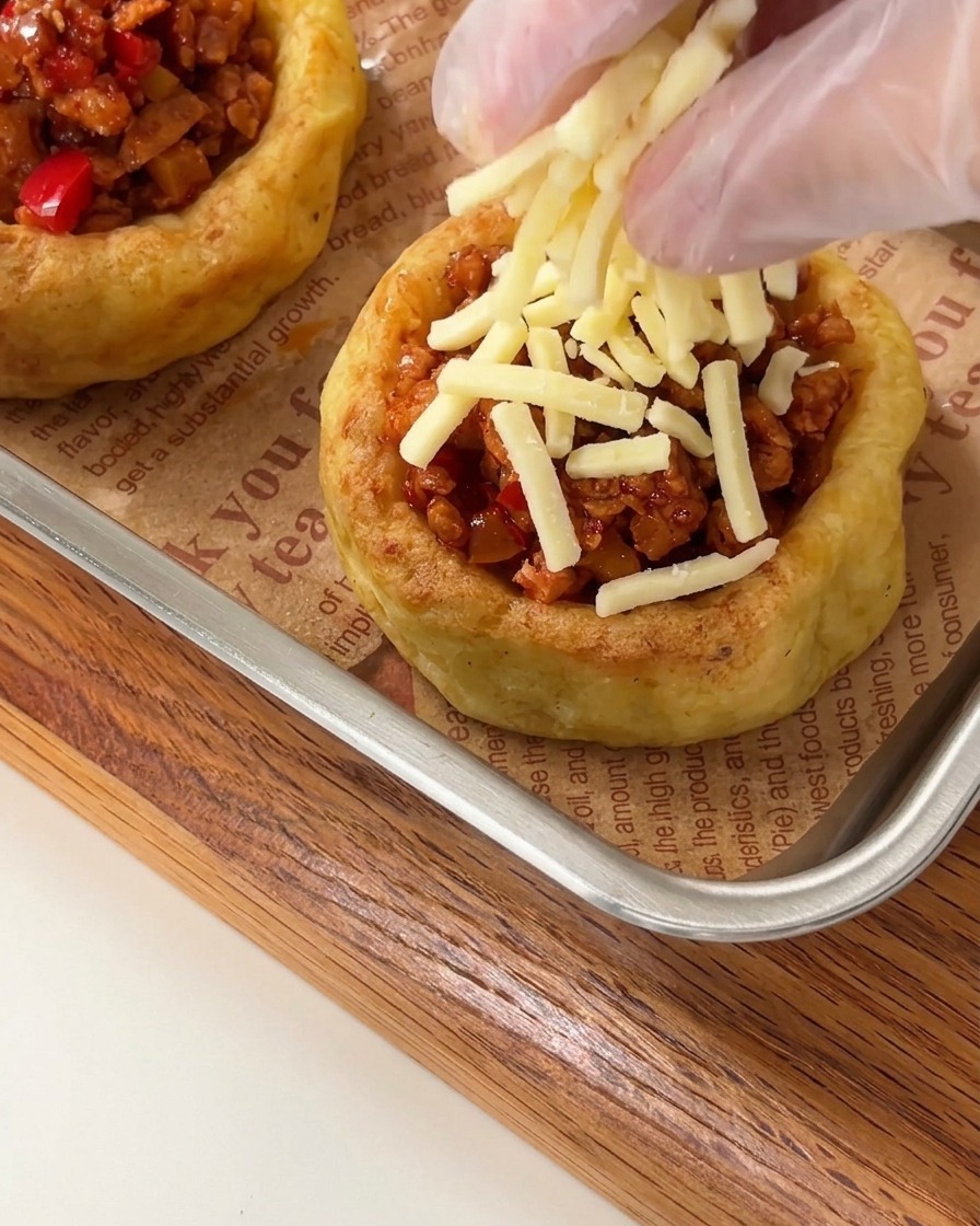 具材を詰めたポテトタルトに手袋をした手でミックスチーズを散らしている様子
