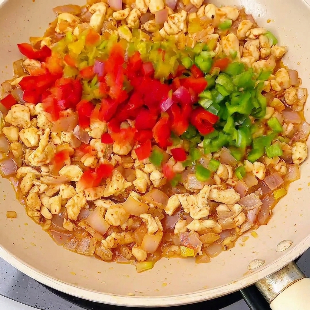 フライパンで野菜と鶏肉を炒め合わせている様子