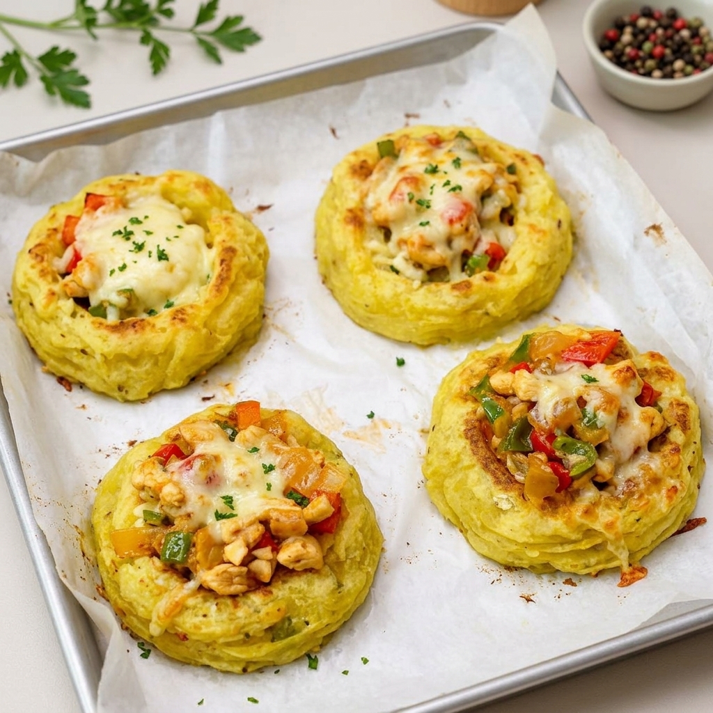 スプーンで鶏肉と野菜の具材をカップに入れている様子