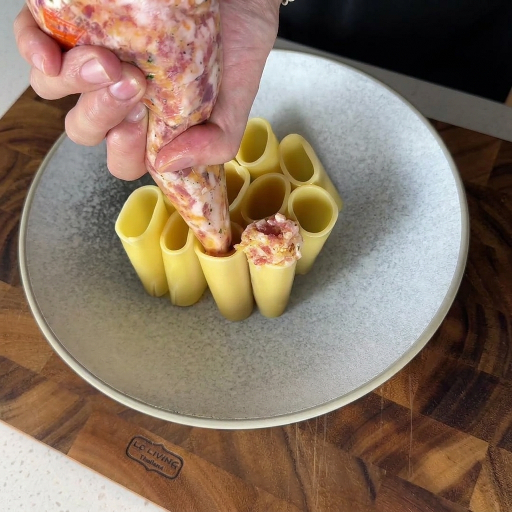 茹でたリガトーニの中に、肉のフィリングを絞り袋で詰めている様子。