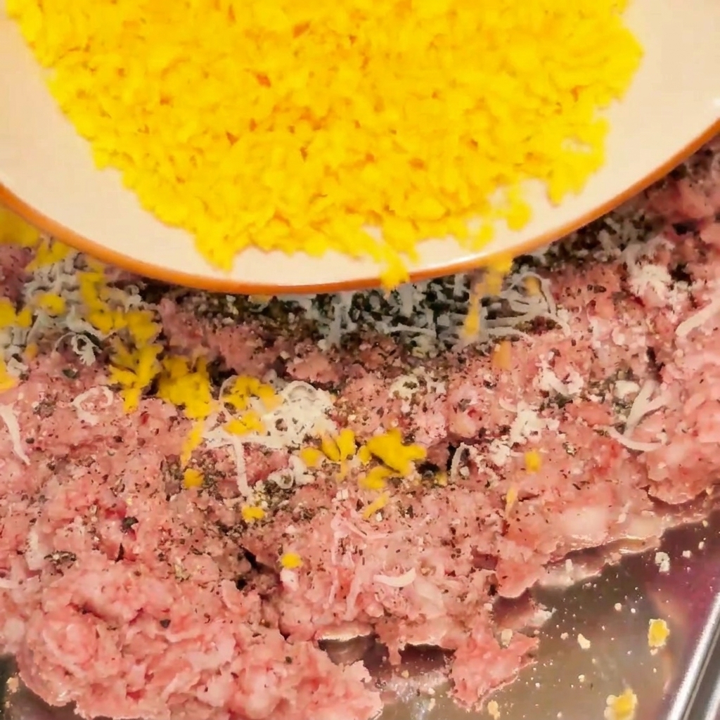 ひき肉にパン粉をふりかける様子。