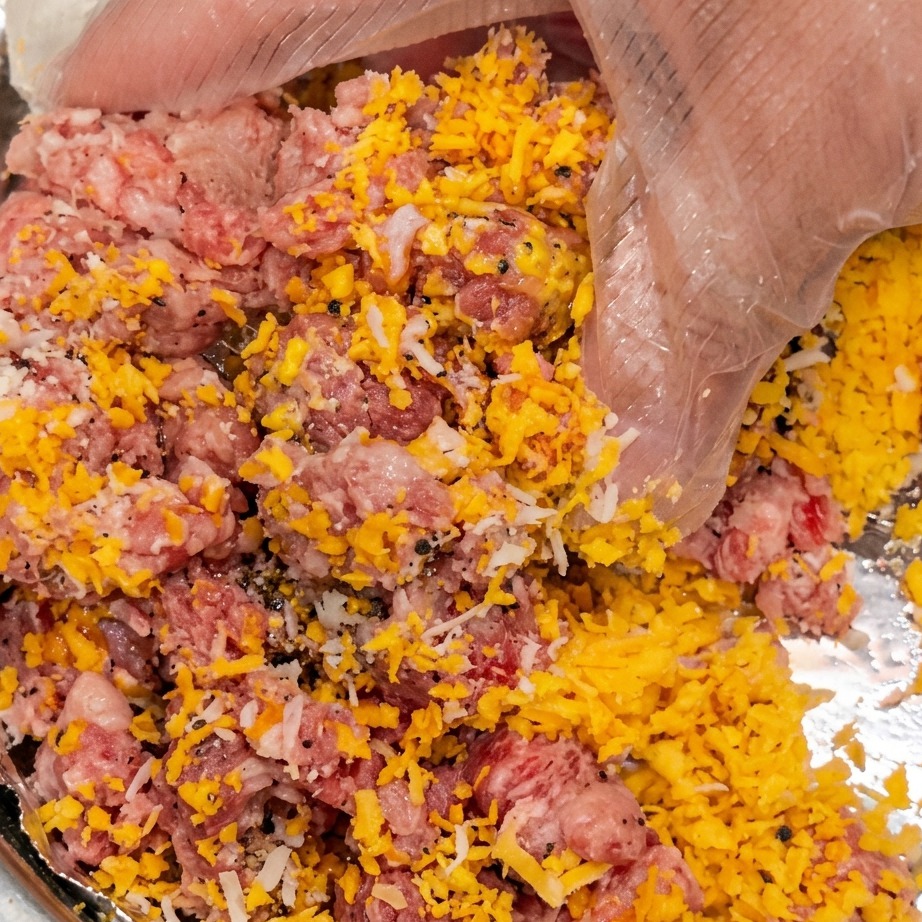 手袋をした手でひき肉とパン粉を混ぜ合わせる様子。