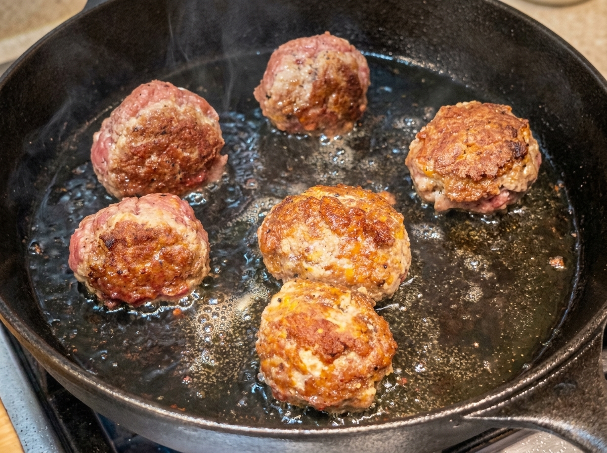 鋳鉄製のフライパンでミートボールが焼けている様子。