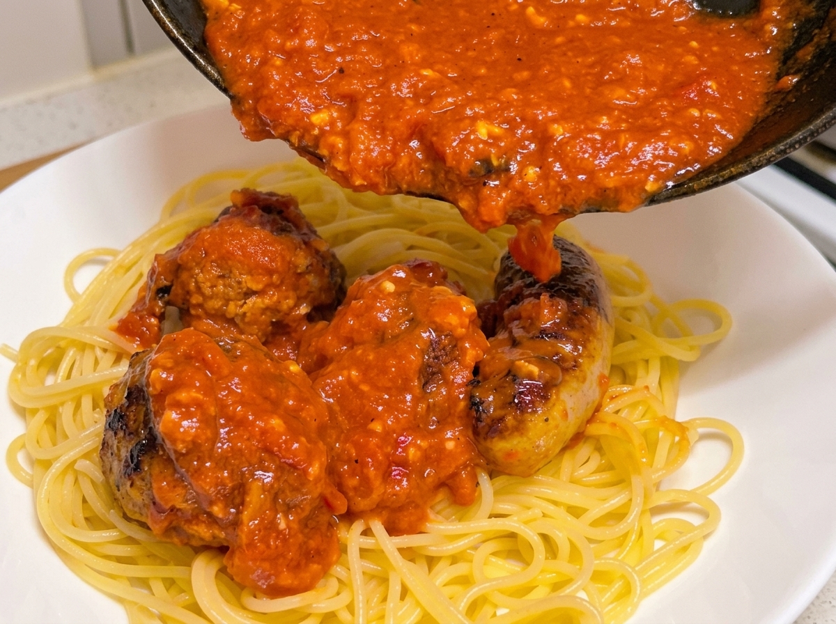 ソースと肉をパスタに盛り付けている様子。