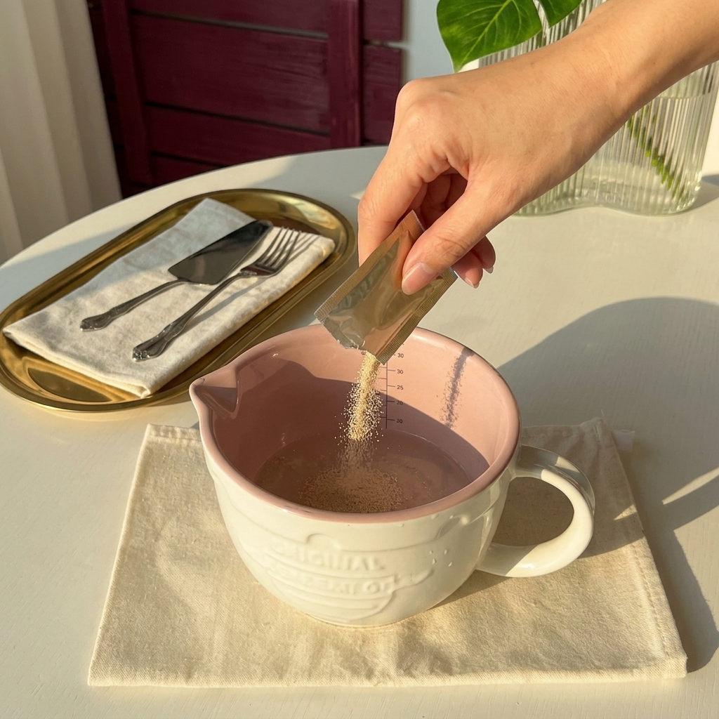 小さな陶器の計量カップで、ぬるま湯にドライイーストを泡立て器で混ぜ合わせている様子。