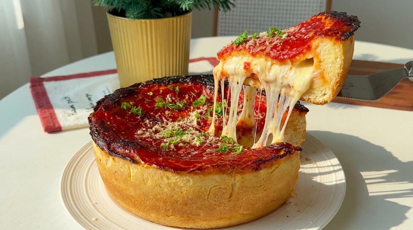 焼き色が美しく香ばしい厚手の生地に、濃厚なトマトソースがたっぷりと乗ったシカゴ風ディープディッシュピザ。