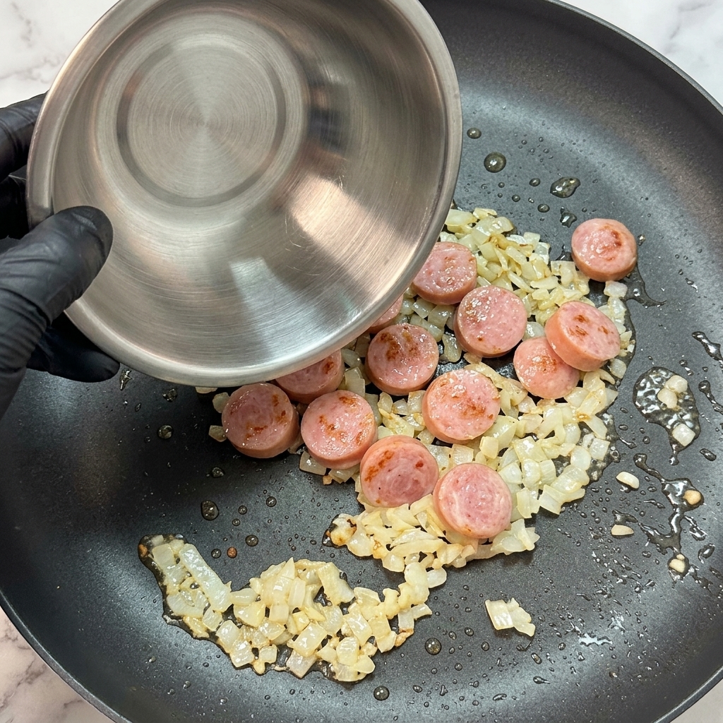 炒めた香味野菜の入ったフライパンに、スライスしたソーセージを加えている様子。